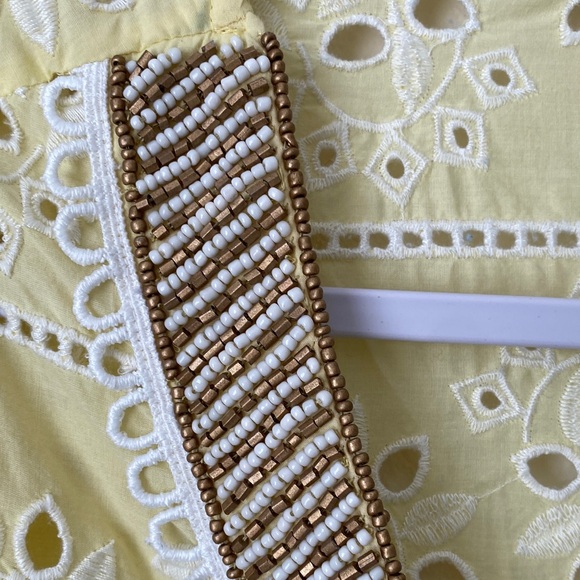Chico's Yellow Eyelet Blouse with Brown Beaded Trim - Picture 7 of 9